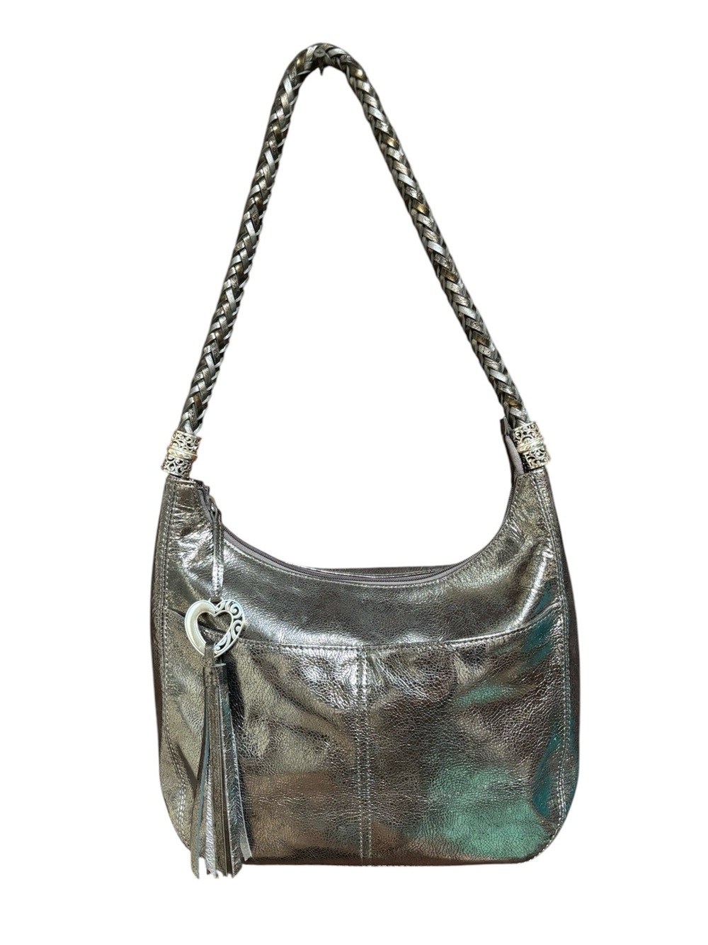 Brighton Barbados ziptop hobo bag featuring a shimmering metallic silver finish